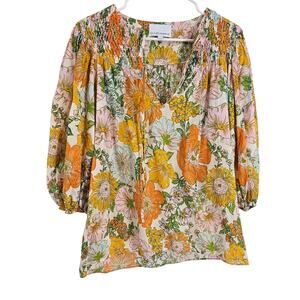 Gilner Farrar Peasant Blouse Orange Yellow Floral Smocked Balloon Sleeve Size S